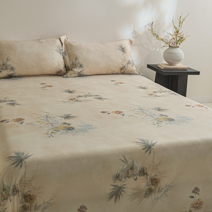 91家纺网 家纺一手货源 找家纺 禾时 2026春夏新款50s莱赛尔天丝床单三件套床单单件 椿山晓（咖）