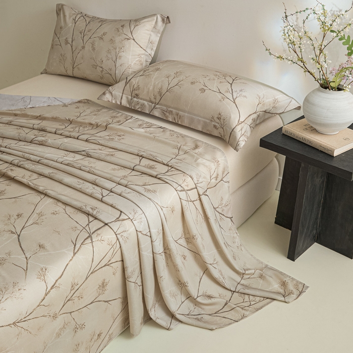 91家纺网 家纺一手货源 找家纺 禾时 2026春夏新款50s莱赛尔天丝床单三件套床单单件 山下有枝（咖）