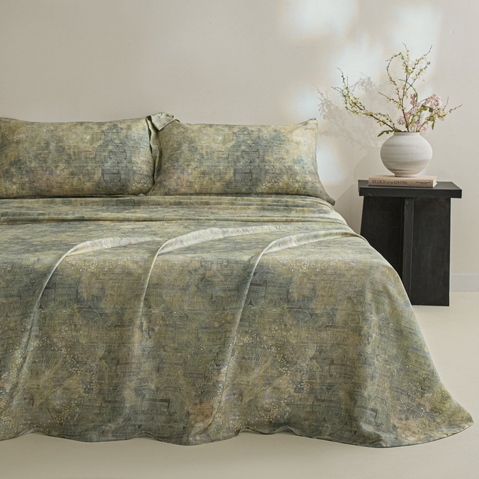 91家纺网 家纺一手货源 找家纺 禾时 2026春夏新款50s莱赛尔天丝床单三件套床单单件 印象空间（绿）