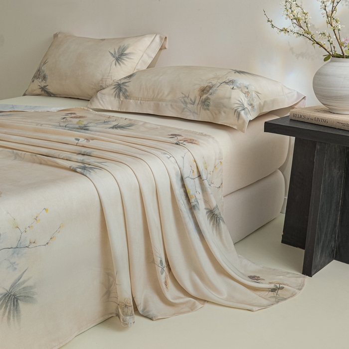 91家纺网 家纺一手货源 找家纺 禾时 2026春夏新款50s莱赛尔天丝床单三件套床单单件 椿山晓（咖）