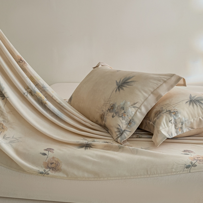 91家纺网 家纺一手货源 找家纺 禾时 2026春夏新款50s莱赛尔天丝床单三件套床单单件 椿山晓（咖）