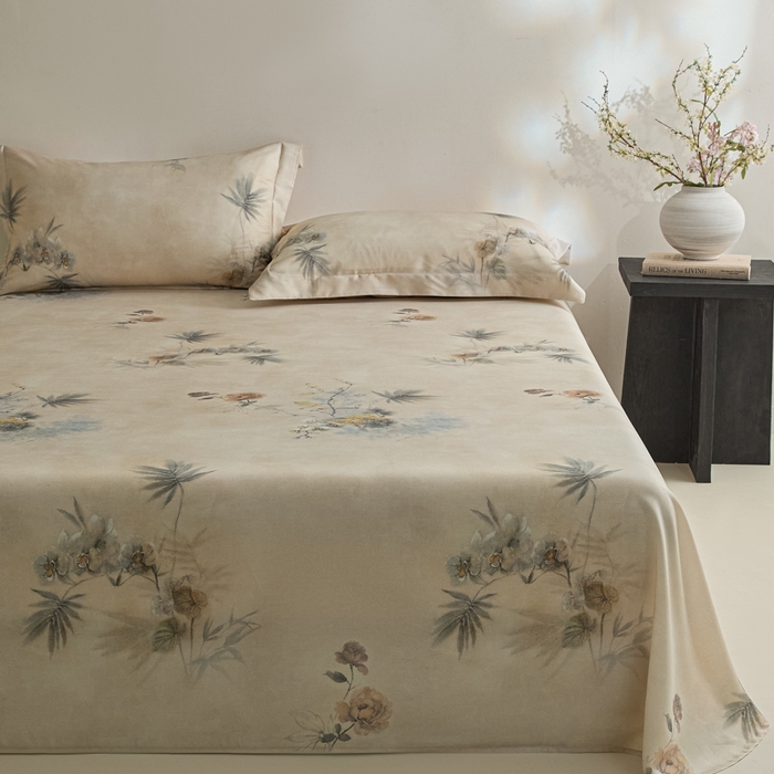 91家纺网 家纺一手货源 找家纺 禾时 2026春夏新款50s莱赛尔天丝床单三件套床单单件 椿山晓（咖）