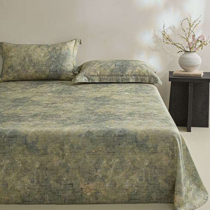 91家纺网 家纺一手货源 找家纺 禾时 2026春夏新款50s莱赛尔天丝床单三件套床单单件 印象空间（绿）