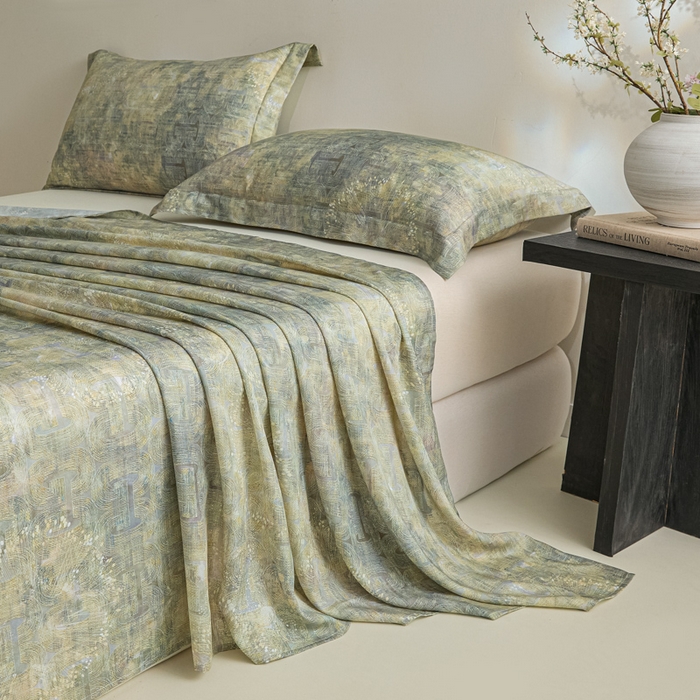 91家纺网 家纺一手货源 找家纺 禾时 2026春夏新款50s莱赛尔天丝床单三件套床单单件 印象空间（绿）