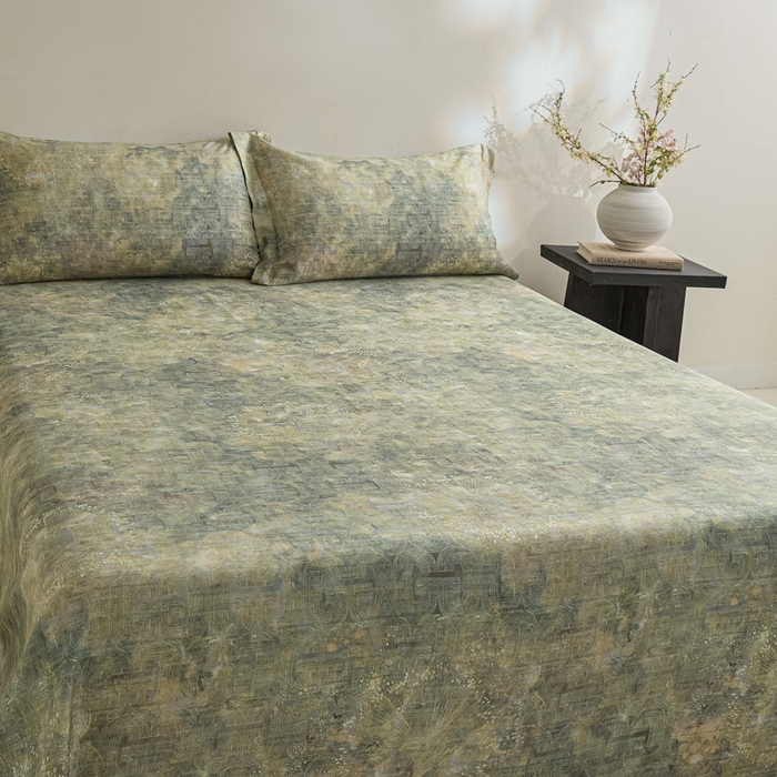 91家纺网 家纺一手货源 找家纺 禾时 2026春夏新款50s莱赛尔天丝床单三件套床单单件 印象空间（绿）