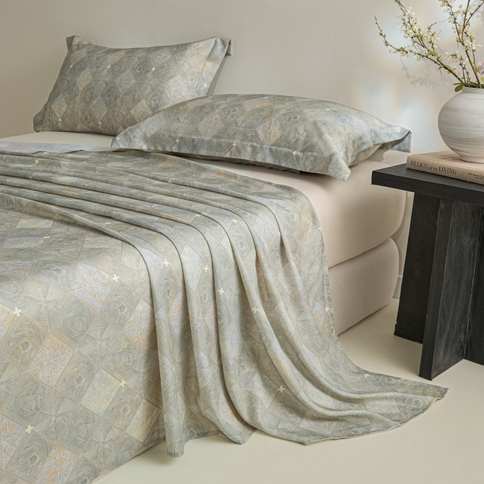 91家纺网 家纺一手货源 找家纺 禾时 2026春夏新款50s莱赛尔天丝床单三件套床单单件 西亚图（灰）