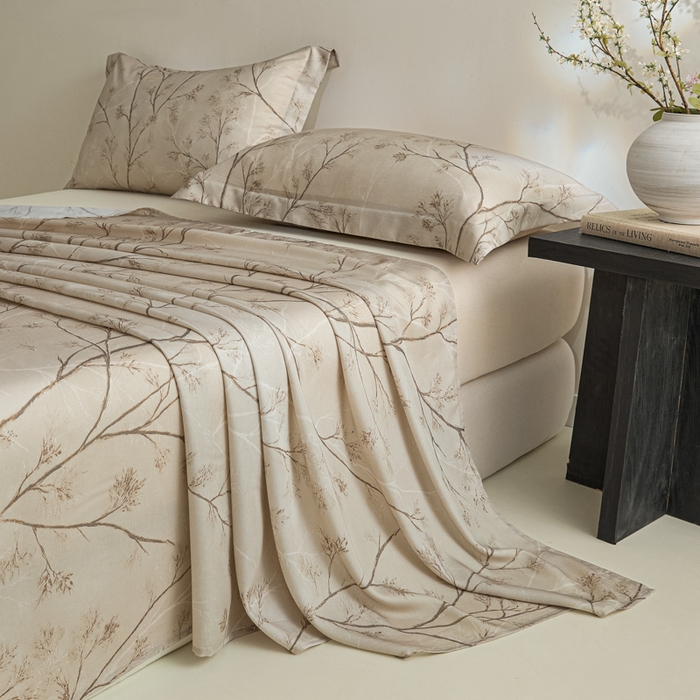 91家纺网 家纺一手货源 找家纺 禾时 2026春夏新款50s莱赛尔天丝床单三件套床单单件 山下有枝（咖）