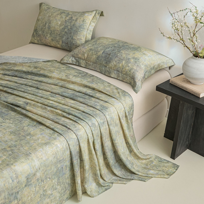 91家纺网 家纺一手货源 找家纺 禾时 2026春夏新款50s莱赛尔天丝床单三件套床单单件 印象空间（绿）