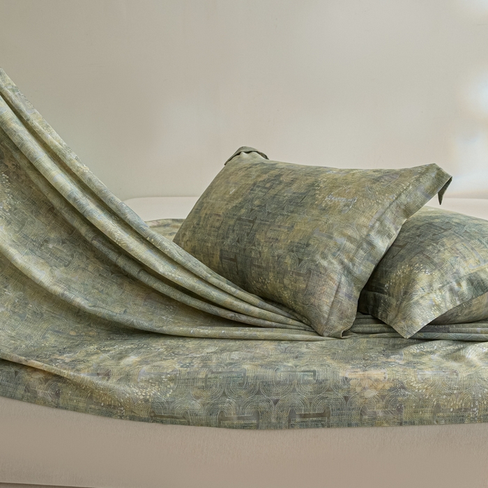 91家纺网 家纺一手货源 找家纺 禾时 2026春夏新款50s莱赛尔天丝床单三件套床单单件 印象空间（绿）