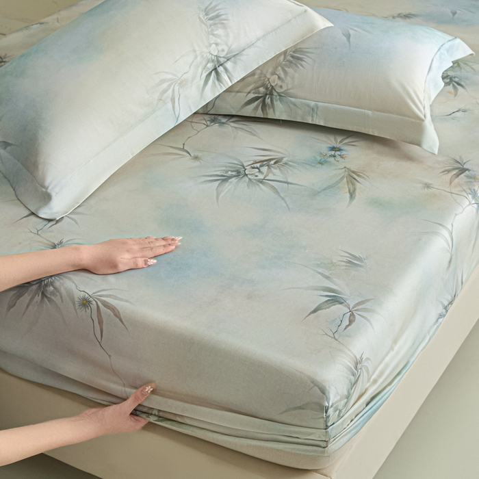 91家纺网 家纺一手货源 找家纺 禾时 2026春夏新款50s莱赛尔天丝床笠三件套床笠单件 绿篱间（绿）