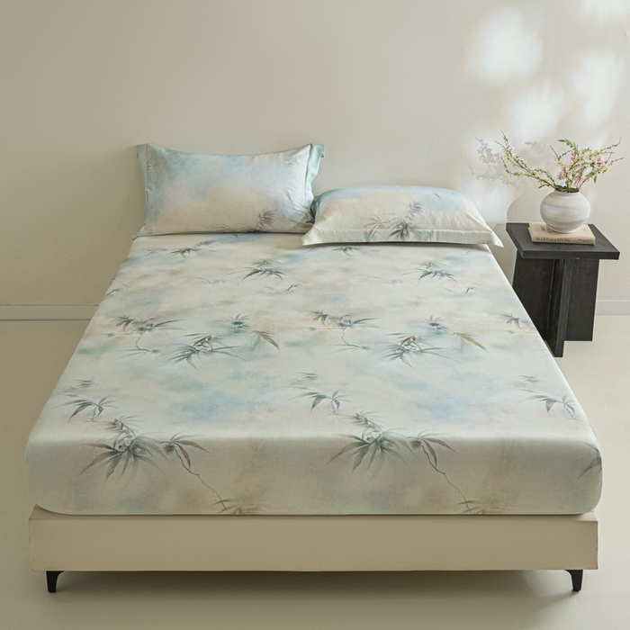 91家纺网 家纺一手货源 找家纺 禾时 2026春夏新款50s莱赛尔天丝床笠三件套床笠单件 绿篱间（绿）