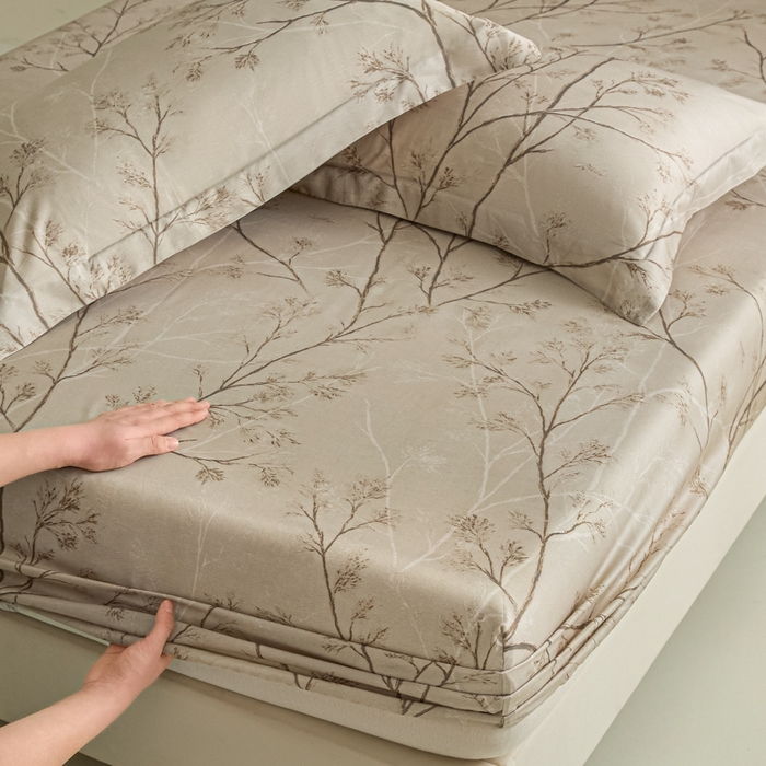 91家纺网 家纺一手货源 找家纺 禾时 2026春夏新款50s莱赛尔天丝床笠三件套床笠单件 山下有枝（咖）