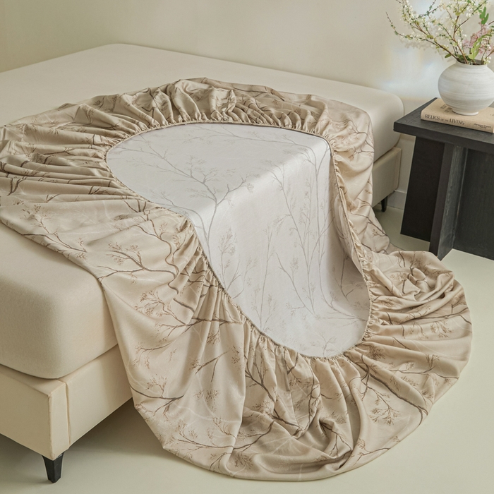 91家纺网 家纺一手货源 找家纺 禾时 2026春夏新款50s莱赛尔天丝床笠三件套床笠单件 山下有枝（咖）