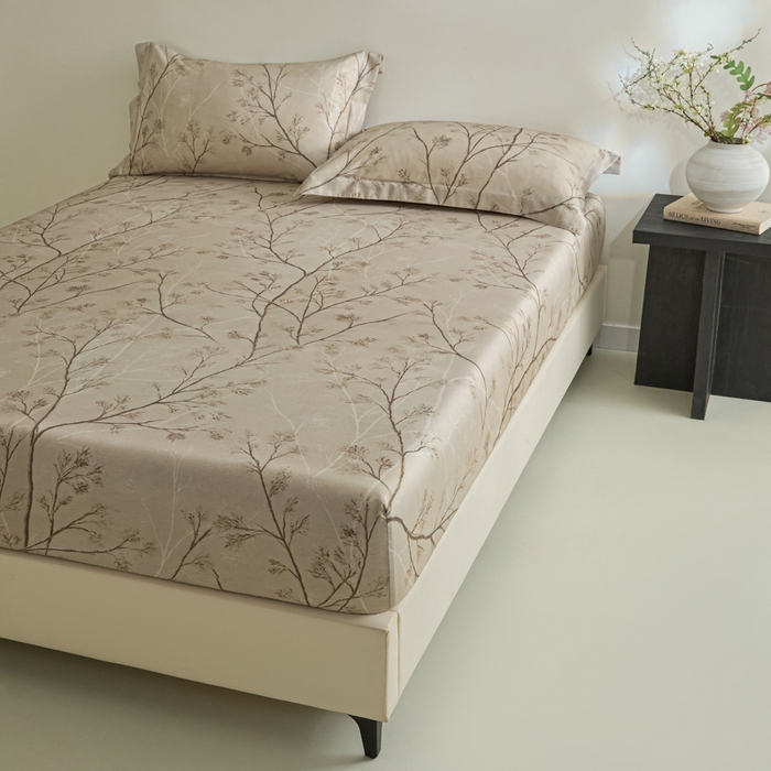 91家纺网 家纺一手货源 找家纺 禾时 2026春夏新款50s莱赛尔天丝床笠三件套床笠单件 山下有枝（咖）