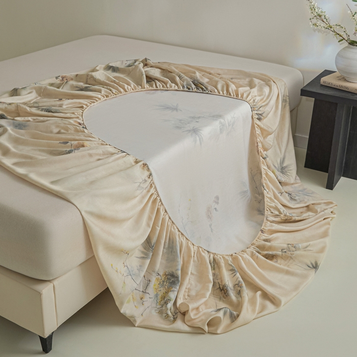 91家纺网 家纺一手货源 找家纺 禾时 2026春夏新款50s莱赛尔天丝床笠三件套床笠单件 椿山晓（咖）