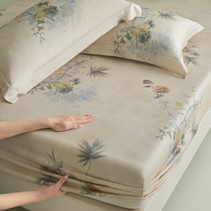 91家纺网 家纺一手货源 找家纺 禾时 2026春夏新款50s莱赛尔天丝床笠三件套床笠单件 椿山晓（咖）