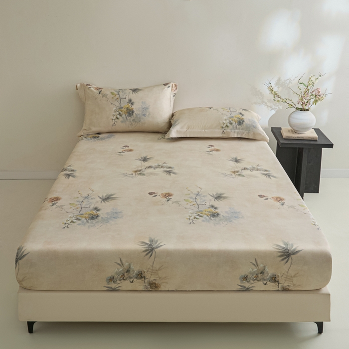 91家纺网 家纺一手货源 找家纺 禾时 2026春夏新款50s莱赛尔天丝床笠三件套床笠单件 椿山晓（咖）