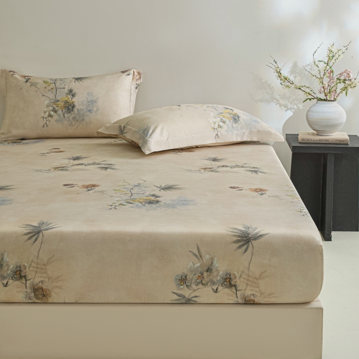 91家纺网 家纺一手货源 找家纺 禾时 2026春夏新款50s莱赛尔天丝床笠三件套床笠单件 椿山晓（咖）