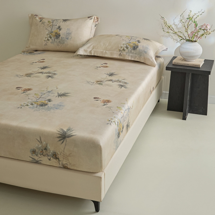 91家纺网 家纺一手货源 找家纺 禾时 2026春夏新款50s莱赛尔天丝床笠三件套床笠单件 椿山晓（咖）