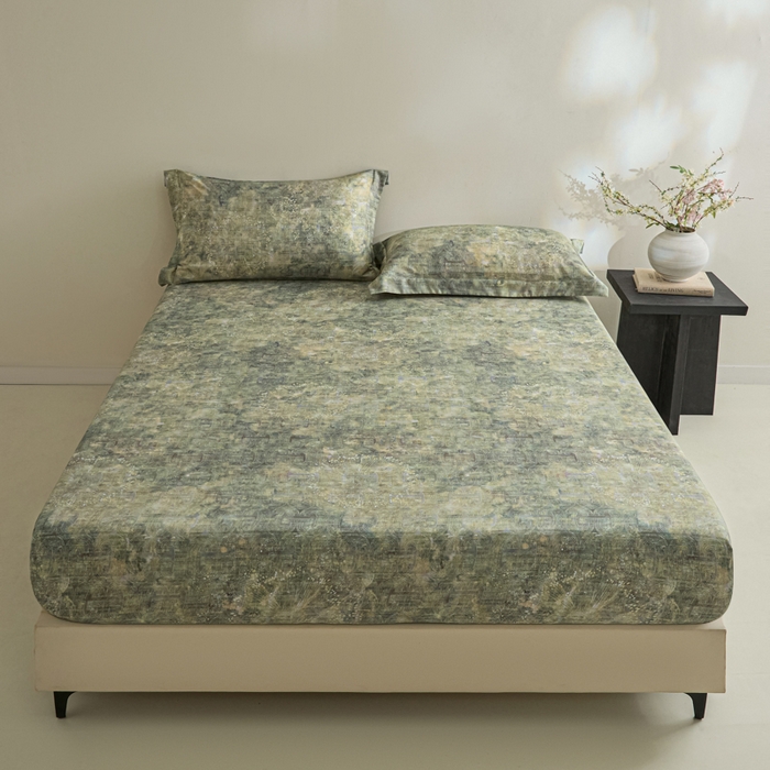 91家纺网 家纺一手货源 找家纺 禾时 2026春夏新款50s莱赛尔天丝床笠三件套床笠单件 印象空间（绿）