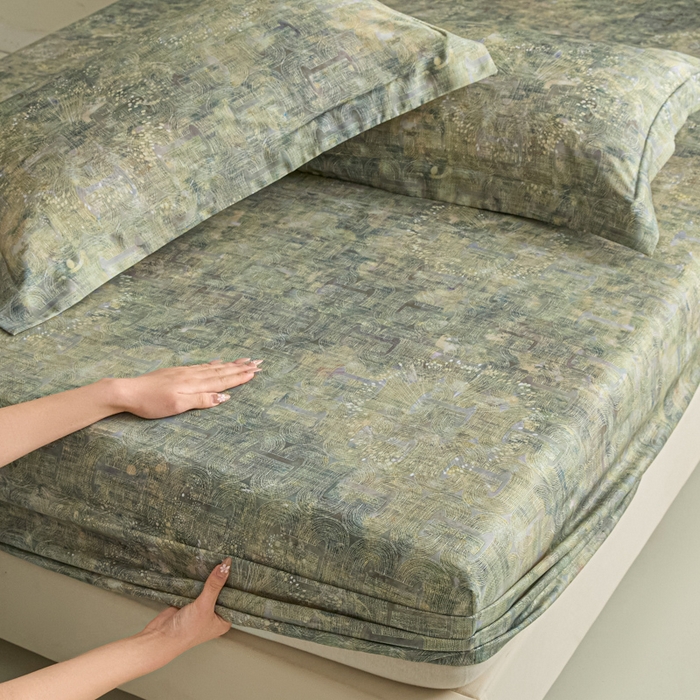 91家纺网 家纺一手货源 找家纺 禾时 2026春夏新款50s莱赛尔天丝床笠三件套床笠单件 印象空间（绿）