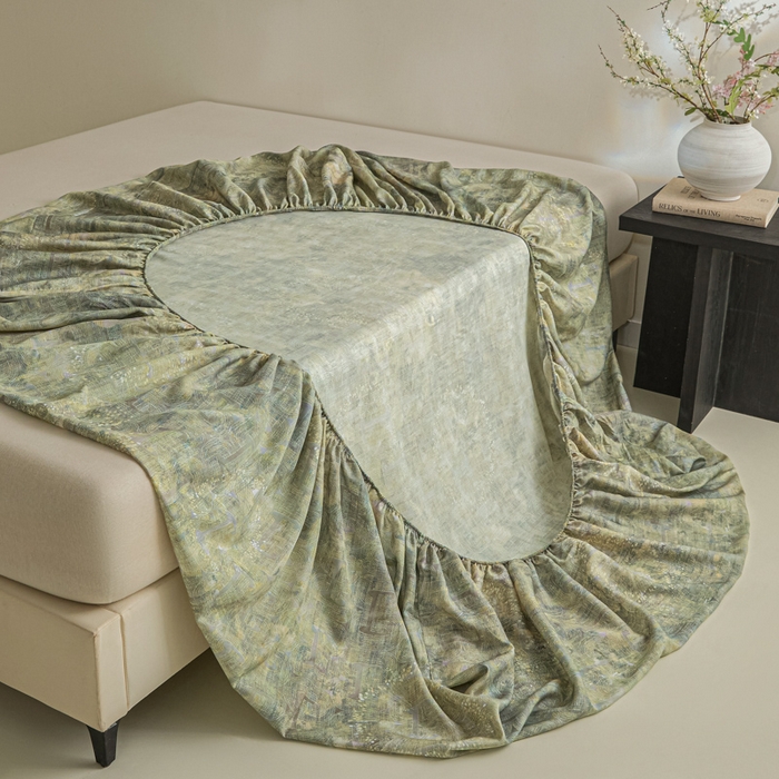 91家纺网 家纺一手货源 找家纺 禾时 2026春夏新款50s莱赛尔天丝床笠三件套床笠单件 印象空间（绿）