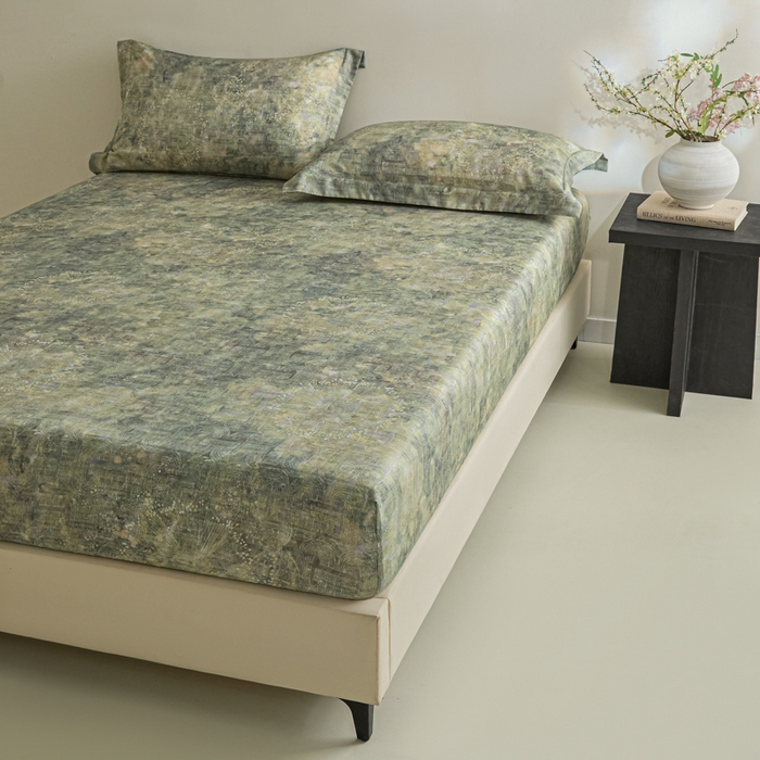 91家纺网 家纺一手货源 找家纺 禾时 2026春夏新款50s莱赛尔天丝床笠三件套床笠单件 印象空间（绿）