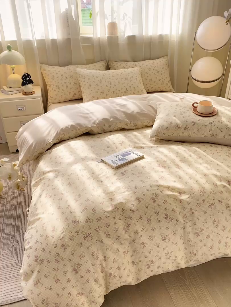 91家纺网 家纺一手货源 找家纺 红日子纺织品 2026新款小清新12868全棉纯棉学生卡通款四件套 繁花锦城