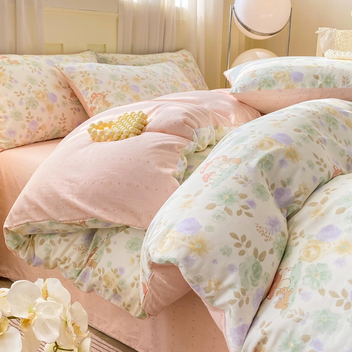 红日子纺织品 2026新款小清新12868全棉纯棉学生卡通款四件套 蘑菇小兔