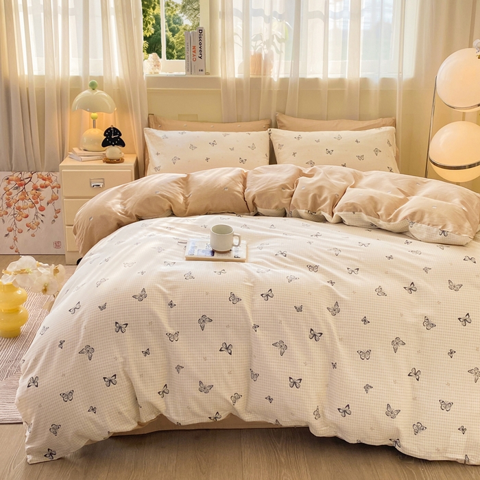 91家纺网 家纺一手货源 找家纺 红日子纺织品 2026新款小清新12868全棉纯棉学生卡通款四件套 南山蝴蝶