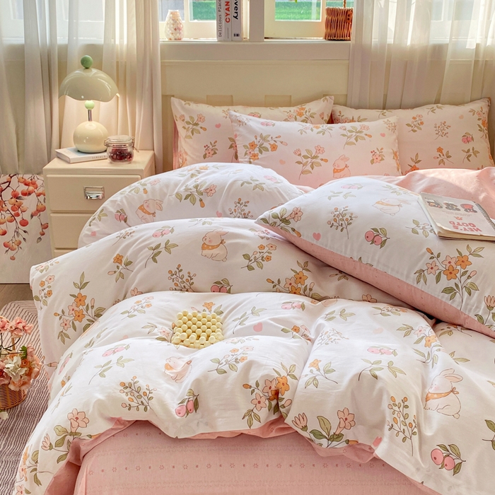 91家纺网 家纺一手货源 找家纺 红日子纺织品 2026新款小清新12868全棉纯棉学生卡通款四件套 清风小兔