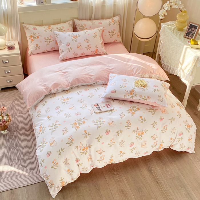 91家纺网 家纺一手货源 找家纺 红日子纺织品 2026新款小清新12868全棉纯棉学生卡通款四件套 清风小兔