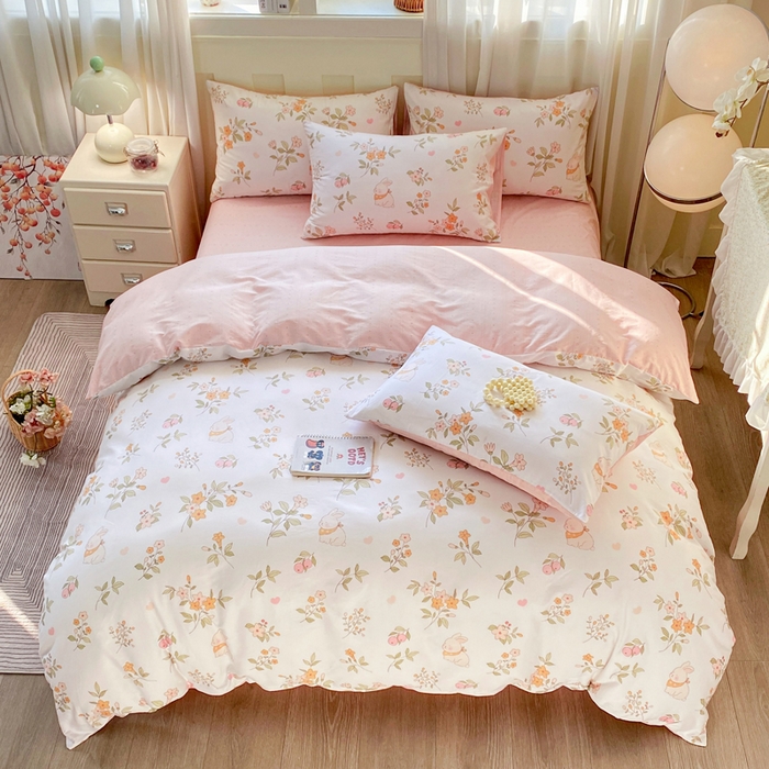 91家纺网 家纺一手货源 找家纺 红日子纺织品 2026新款小清新12868全棉纯棉学生卡通款四件套 清风小兔