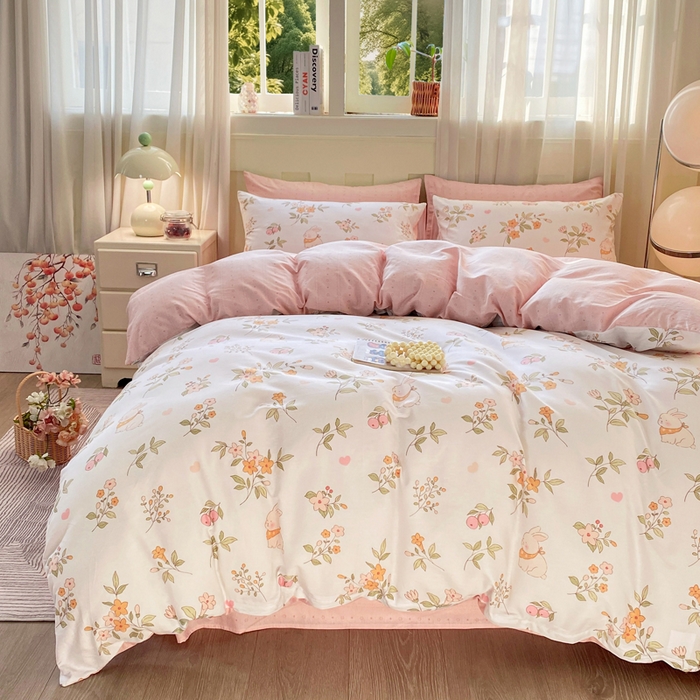 91家纺网 家纺一手货源 找家纺 红日子纺织品 2026新款小清新12868全棉纯棉学生卡通款四件套 清风小兔