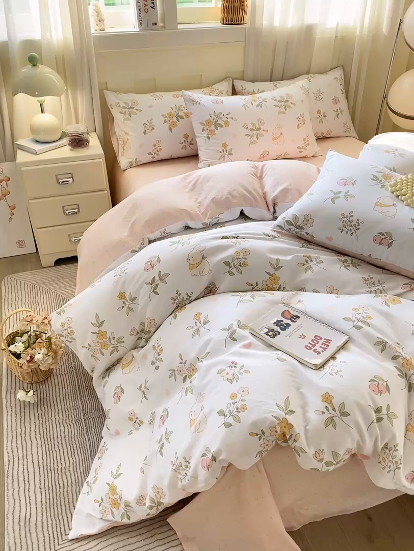 91家纺网 家纺一手货源 找家纺 红日子纺织品 2026新款小清新12868全棉纯棉学生卡通款四件套 清风小兔