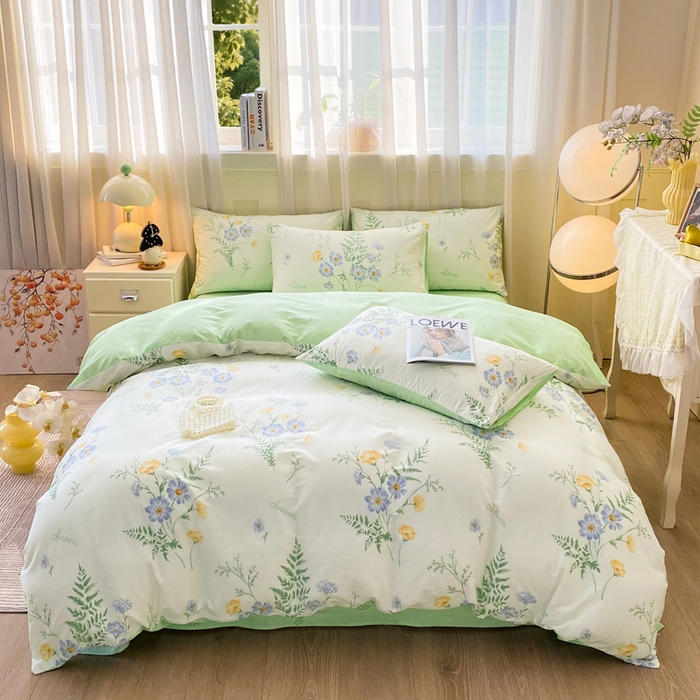 91家纺网 家纺一手货源 找家纺 红日子纺织品 2026新款小清新12868全棉纯棉学生卡通款四件套 拾光花间