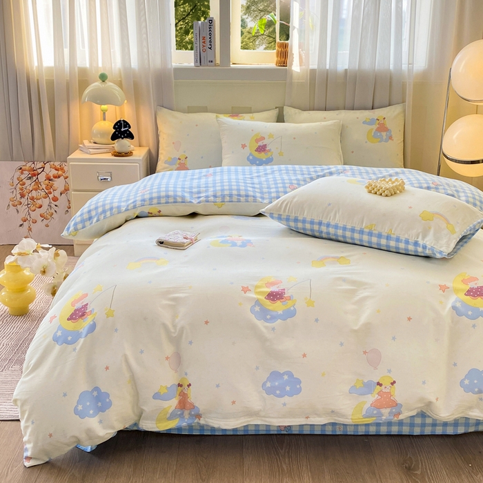 91家纺网 家纺一手货源 找家纺 红日子纺织品 2026新款小清新12868全棉纯棉学生卡通款四件套 月光小曲