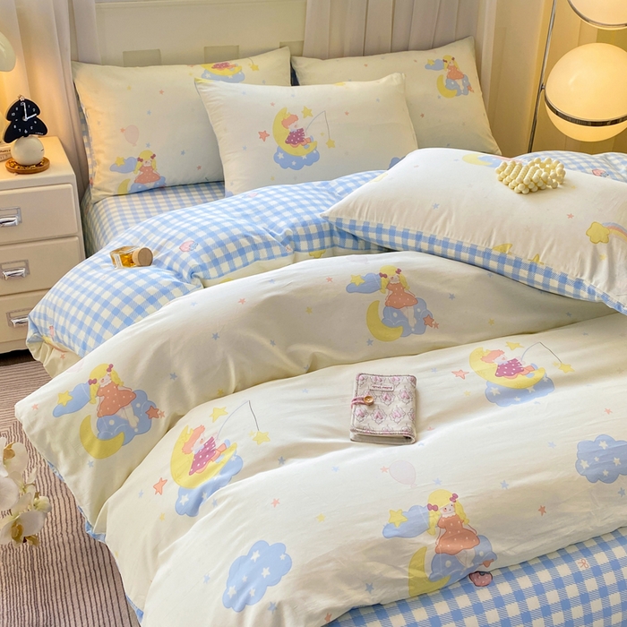 91家纺网 家纺一手货源 找家纺 红日子纺织品 2026新款小清新12868全棉纯棉学生卡通款四件套 月光小曲