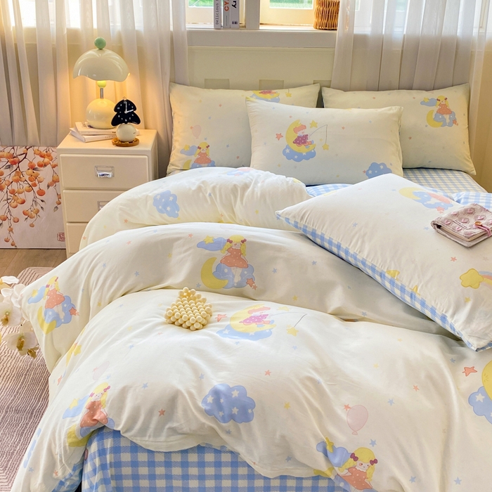 91家纺网 家纺一手货源 找家纺 红日子纺织品 2026新款小清新12868全棉纯棉学生卡通款四件套 月光小曲