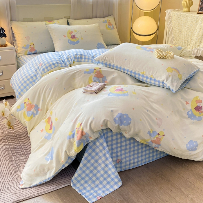 91家纺网 家纺一手货源 找家纺 红日子纺织品 2026新款小清新12868全棉纯棉学生卡通款四件套 月光小曲