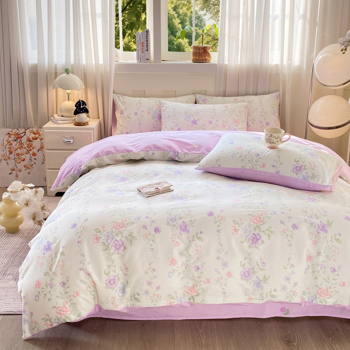 91家纺网 家纺一手货源 找家纺 红日子纺织品 2026新款小清新12868全棉纯棉学生卡通款四件套 知意花蔓