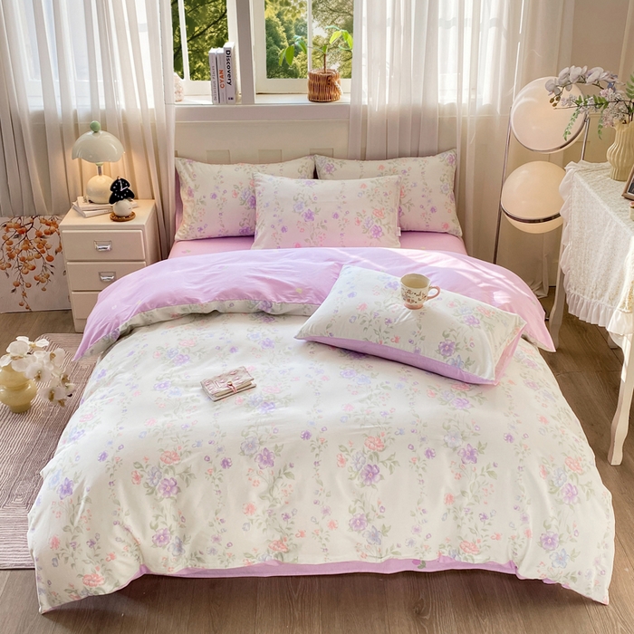 91家纺网 家纺一手货源 找家纺 红日子纺织品 2026新款小清新12868全棉纯棉学生卡通款四件套 知意花蔓