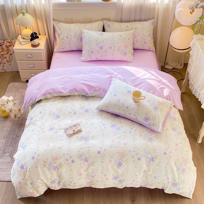 91家纺网 家纺一手货源 找家纺 红日子纺织品 2026新款小清新12868全棉纯棉学生卡通款四件套 知意花蔓