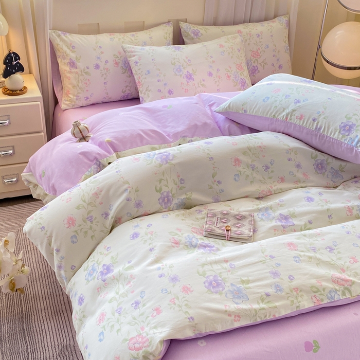 91家纺网 家纺一手货源 找家纺 红日子纺织品 2026新款小清新12868全棉纯棉学生卡通款四件套 知意花蔓