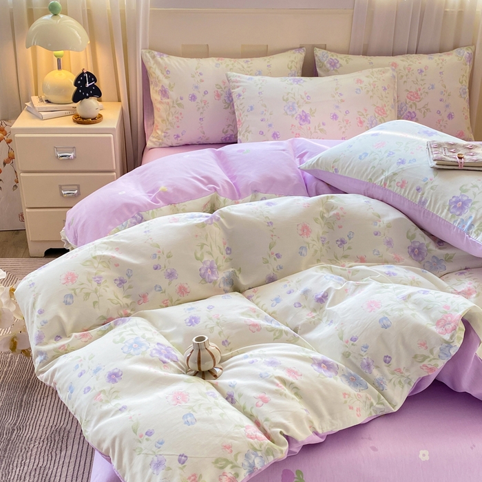 91家纺网 家纺一手货源 找家纺 红日子纺织品 2026新款小清新12868全棉纯棉学生卡通款四件套 知意花蔓