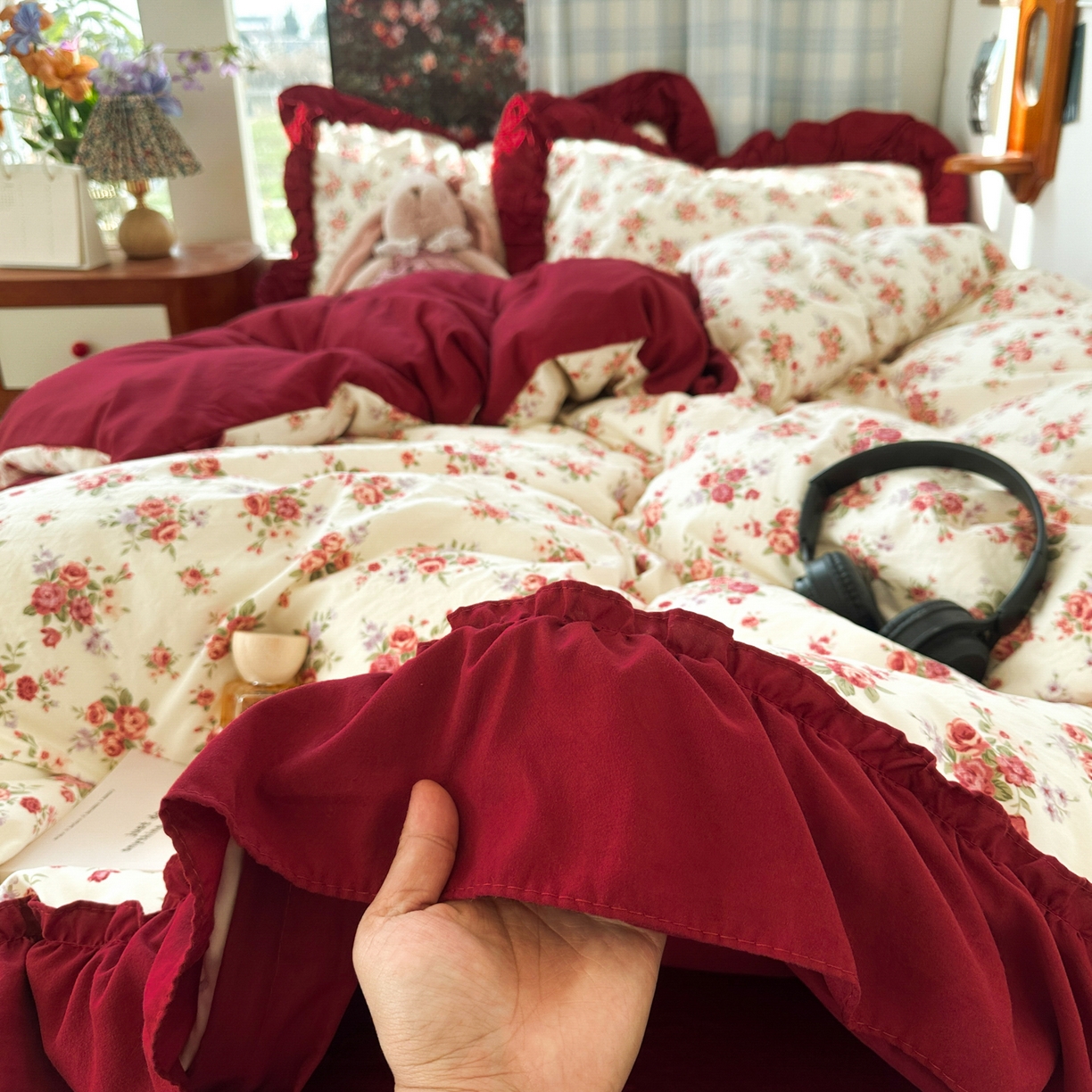 91家纺网 家纺一手货源 找家纺 花伞家居 2026新款韩系复古碎花古法水洗棉大花边四件套含买家秀 霓裳-白