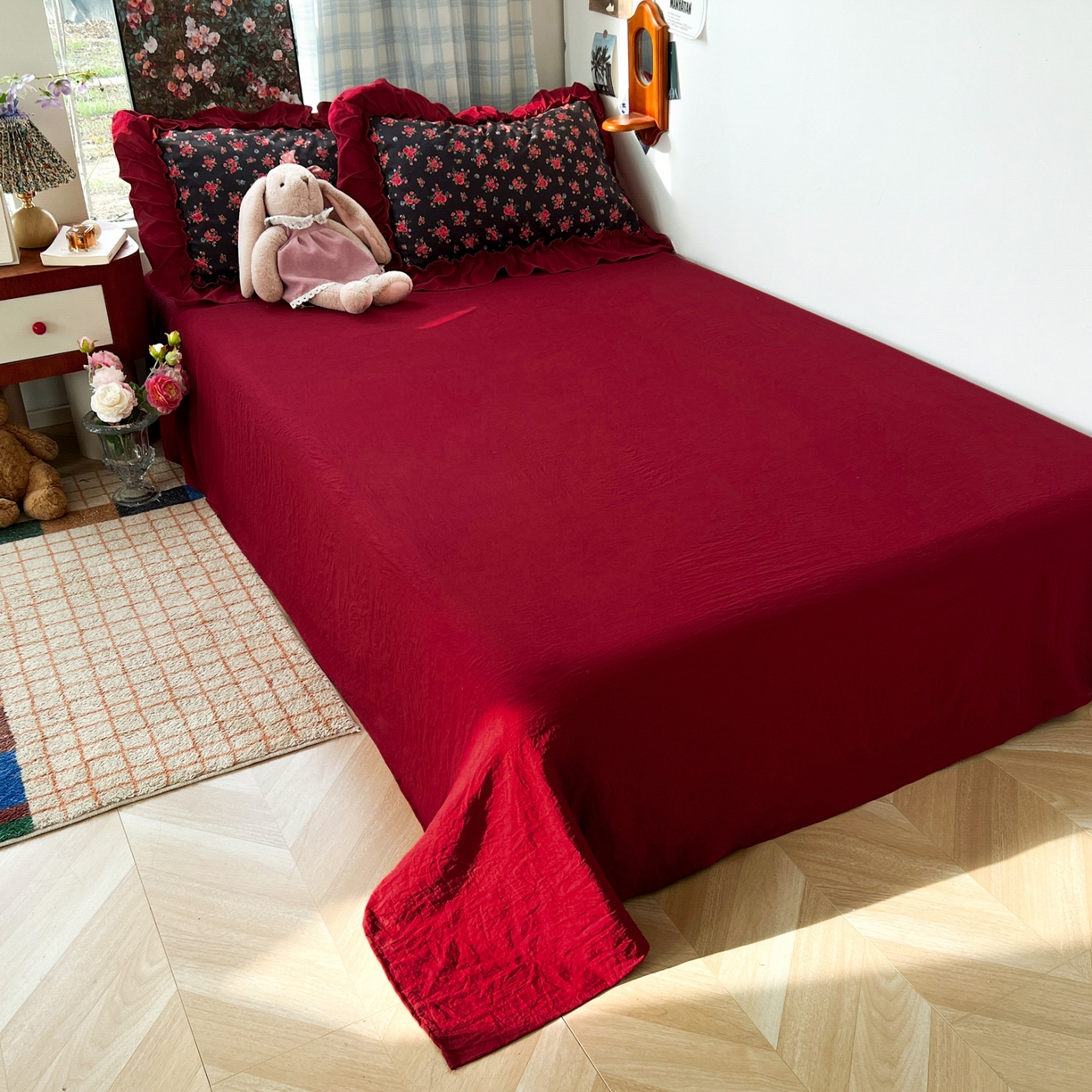 91家纺网 家纺一手货源 找家纺 花伞家居 2026新款韩系复古碎花古法水洗棉大花边四件套含买家秀 霓裳-红