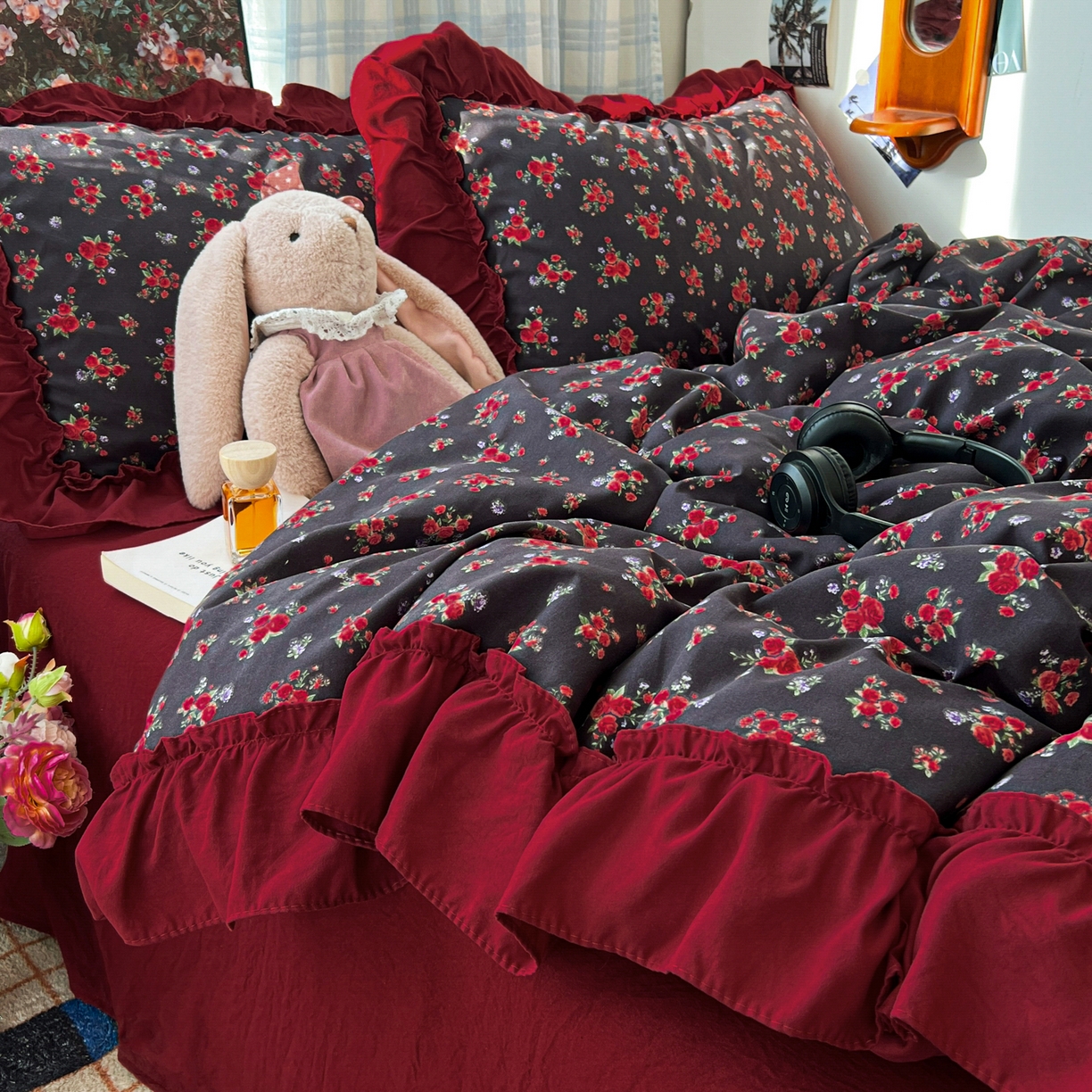 91家纺网 家纺一手货源 找家纺 花伞家居 2026新款韩系复古碎花古法水洗棉大花边四件套含买家秀 霓裳-红