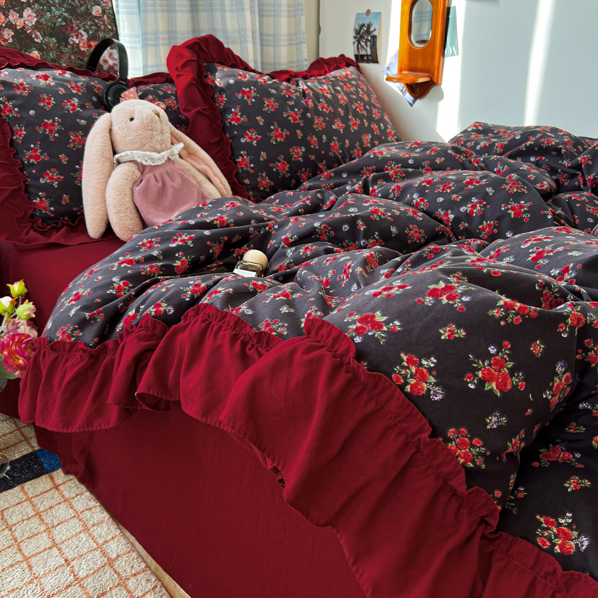 91家纺网 家纺一手货源 找家纺 花伞家居 2026新款韩系复古碎花古法水洗棉大花边四件套含买家秀 霓裳-红