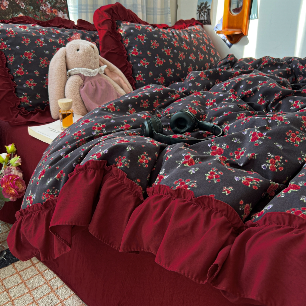 91家纺网 家纺一手货源 找家纺 花伞家居 2026新款韩系复古碎花古法水洗棉大花边四件套含买家秀 霓裳-红